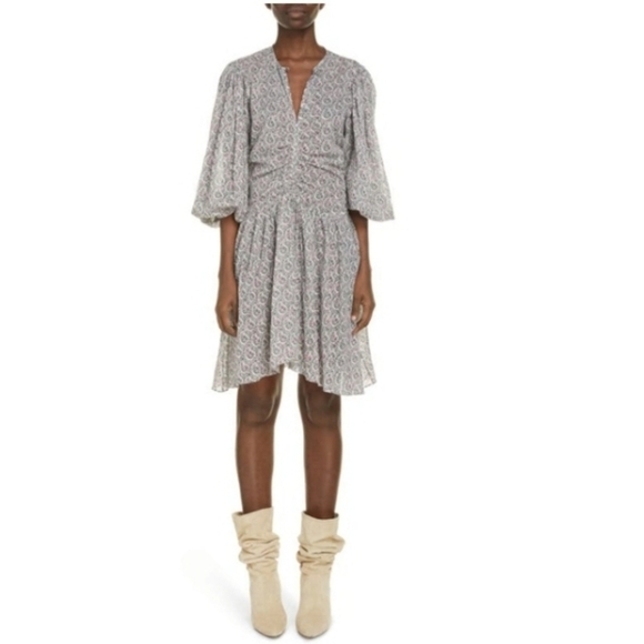 Étoile Isabel Marant Marili Paisley Ruched Blouson-Sleeve Dress Size 36 or US 4 - Picture 1 of 16
